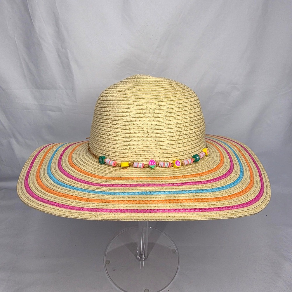 Target Straw Sun Hat Kids OS Tan Rainbow Stripe Fruit Bead Floppy Beach Boho